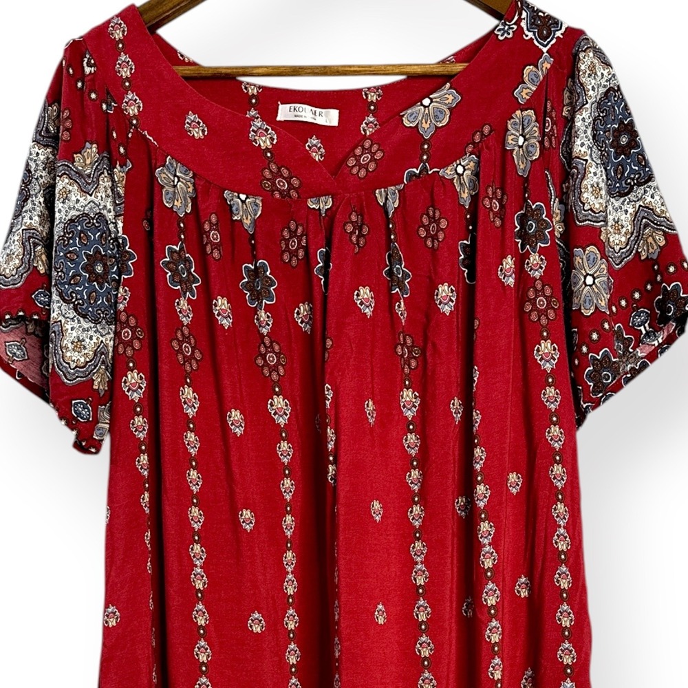 Ekouaer Womens Muu Muu House Dress Maroon Boho Floral Mandala Print Pockets Lg - Picture 5 of 11